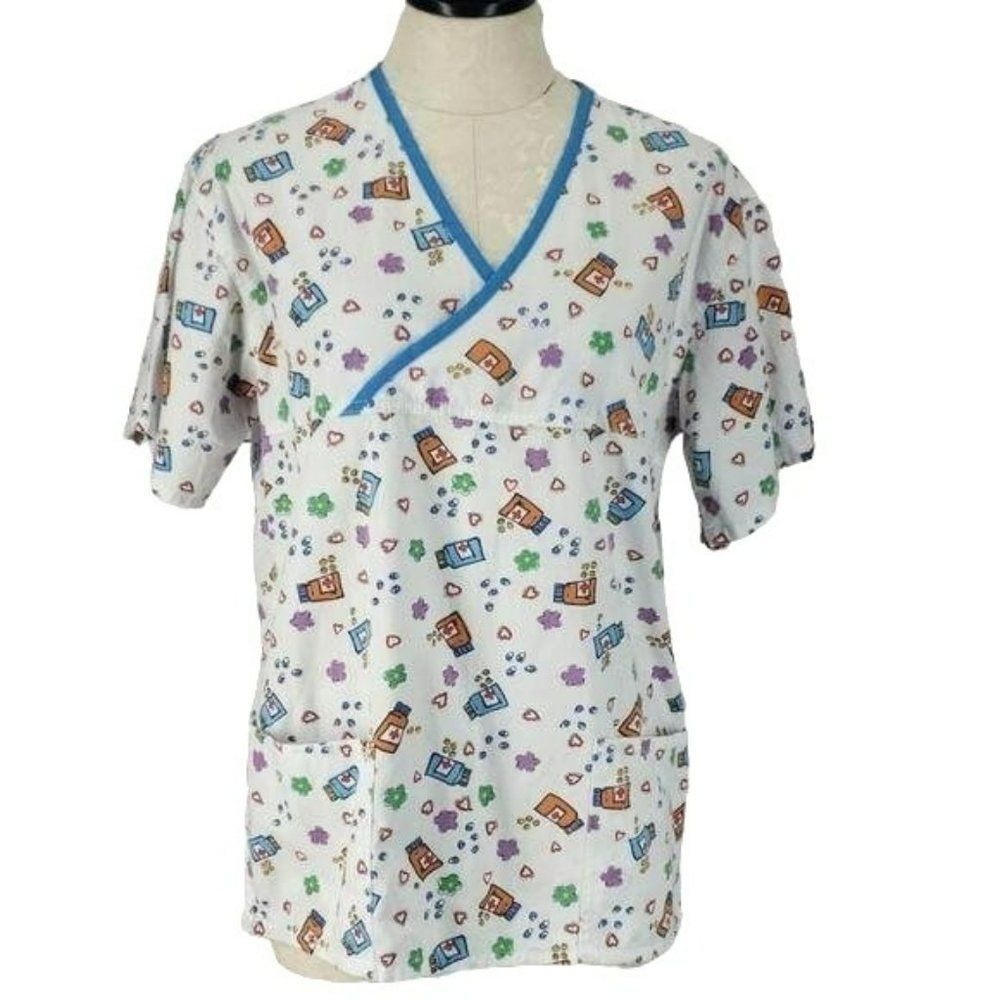 Beverly Hills‎ Women's Vneck Medicine Bottle Medical Scrub Top Small